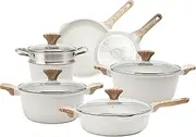 [Country Kitchen] Nonstick Induction Cookware Sets - 11 Piece Cast Aluminum Pots and Pans with BAKELITE Handles Glass Lids -Cream (YCASPF7 CRM)