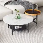 Round Marble Coffee Table, 2 Tier, Sofa Side End Table, Nightstand, Open Storage