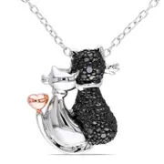 Enhanced Black Natural Diamond Accent Loving Cats Pendant in Two-Tone Sterling Silver with Beaded Black Rhodium