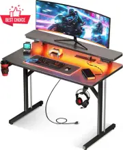 Gaming Desk LED Lights Power Outlet 80x50x88cm Monitor Shelf Black Computer Tabl