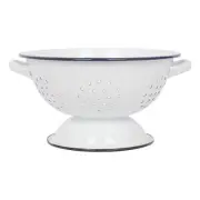 1x Blue 23.5cm White Enamel Colander Kitchen Food Strainer Drainer Sieve