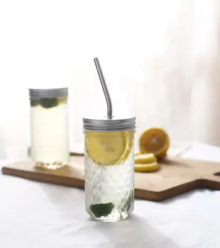 鉆石梅森杯菱格玻璃杯飲料杯創意吸管果汁杯透明情侶簡約水杯