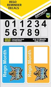 Gold Coast Titans NRL Car Rego Reminder Decals Registration Stickers