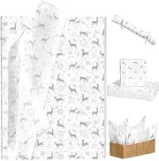 Bolsome 100 Sheets White Christmas Tissue Paper for Gift Bags Grey Reindeer Pine Branches Snowflake Printed Tissue Paper for Gift Wrapping for Xmas Party Winter Festivals New Year DIY Craft, 20 × 14