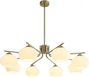 KCO Lighting 8-Lights White Glass Globe Sputnik Chandelier Mid Century Modern Gold Semi Flush Mount Ceiling Light Sputnik Chandeliers Milk Glass Ball Chandelier Kitchen Island