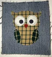 Handmade Applique Patch Raw-Edge Homespun Plaid on Denim Baby Owl Quilting Craft
