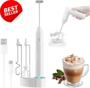 Milk Frother with Charger Stand USB-C Rechargeable 3 Heads 3 Speeds White
