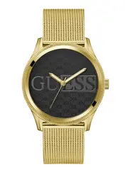 GUESS Men's Gold Reputation Black Logo Mesh Watch