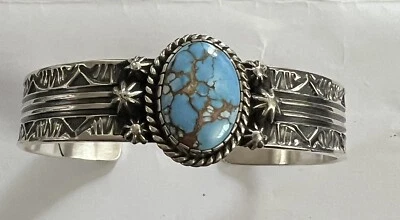 Navajo Kevin Ramone Stamped Golden Hill Turquoise Cuff Sterling Silver 7 1/4”