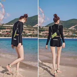 新款泳衣女學生防曬保守長袖高腰分體平角泡溫泉遮肚顯瘦韓版泳衣