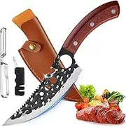 6-Inch Hand Forged Boning Knife High Carbon Stainless Steel, Chef Knife Multipurpose Butcher Knife with Sheath, Pocket Sharpener & Vegetable Peeler for Kitchen, Camping, Deboning, Outdoor, BBQ