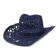 Hand-woven hollow cowboy straw hat men and women summer sun protection hat Western cowboy straw hat navy blue