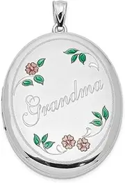 [JewelryWeb] 925 Sterling Silver Patterned Holds 2 photos Polished and satin Grandma With Enamel Flowers 34mm Oval Locket