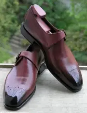 Mens Handmade Shoes Maroon Leather Brogue Monk Formal Dress Casual Wear Boot New