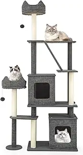 Costway 1.8m Tall Cat Tree, Multi-Level Large Cat Tower w/Scratching Posts & Board & Ladder, 2 Condos, Perch, Bed, Dangling Balls, Modern Climbing Stand Furniture for Indoor Adult Cats & Kittens