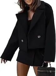 [ECDAHICC] Womens Wool Blend Cropped Trench Coat Fall Winter Pea Coat Double Breasted Blazer Jackets Fashion Coat