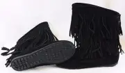 Womens Minnetonka Ann Angled Fringe Ankle Boots Black Suede Moccasins Shoes