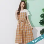 【BETTY’S 貝蒂思】格紋拼接綁帶洋裝(深橘)