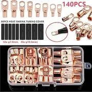 140CPS Assortment Car Auto Copper Ring Terminal Wire Crimp Connector Bare Cable Battery Terminals Soldered Connectors Kit