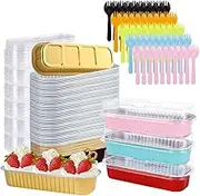 Mini Loaf Pans with Lids and Spoons, SHAIDOJIO 6.8oz Aluminum Foil Baking Pans, Rectangle Cupcake Baking Cups Muffin Tins, Small Cake Pans for Bread, Brownie, Cheesecake (50 Pack, 5 Colors)