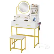 Advwin Dressing Table Set with Power Outlet and LED Light 360°Adjustable Mirror Angle White&Golden