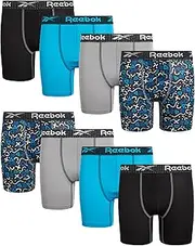 [Reebok] Boys? Underwear ? Performance Boxer Briefs (8 Pack), Size Small, Azure Print/Grey/Black