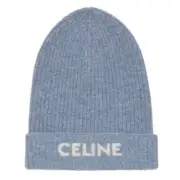 Celine Paris Cloudy Blue White Logo Laine Wool Knit Beanie Winter Hat One Size