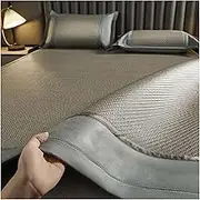 Summer Ice Silk and Rattan Sleeping Mat Three Piece Set,Breathable Cooling Pad,Anti-Slip Belt Foldable Design for Hot Sleepers, Home Travel Use