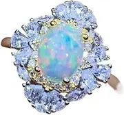 [Yihuaqun] Natural opal ring 925 silver electroplating 18k gold 6 * 8mm fire color flash opal stone ring two-color electroplating