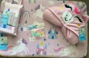 Little Girl’s Unicorn Fabric Shower Curtain, Rug, Hooded Towel & Bathtub Treads