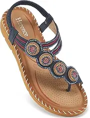 [Harence] Flat Sandals for Women Dressy: Comfortable Summer Flats Shoes Elastic Ankle Strap Bohemian Beaded Beach Sandal, Blue, 5