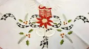 Round White Embroidered Christmas Red Poinsettia Polyester Tablecloth Fabric