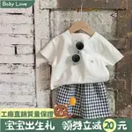 🌻BABY🌻3-36 個月夏季男嬰衣服套裝棉質短袖白襯衫配格子短褲 2 件裝