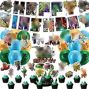 Birthday Decoration Balloon Set, Anime & Minecraft Theme, Happy Birthday Banner, Large Cake Topper, 12 Small Toppers, 18 Latex Balloons, 6 Hanging Swirls, Mixed Colors