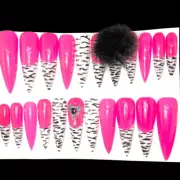 Custom Handmade Press On Nails 2X Long Stiletto UV Gel Hot Pink & Zebra Print