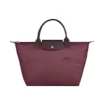 【LONGCHAMP】LONGCHAMP LE PLIAGE GREEN刺繡LOGO拉鍊短把再生尼龍手提包(中/波爾多紅X深紫紅)