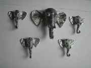 Metal Elephant Trunk Wall Mount Coat Hooks Set of 5 Pieces Figurine statue au *