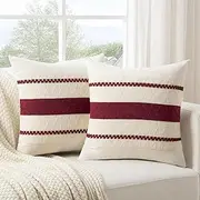 Fancy Homi Set of 2 Burgundy Boho Decorative Throw Pillow Covers 18x18 Inch for Couch Bed Sofa, Aesthetic Modern Farmhouse Christmas Room Decor, Soft Cotton Cute Textured Wind Red Cushion Case