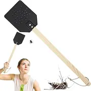 Manual Fly Swatter - Wooden Long Handle Handheld Fly Racket for Indoor Use | Hangable PU Leather Fly Racket Efficient Indoor Flying Catcher for Kitchen