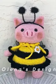 Crochet amigurumi cotton miniature plushes pig piglet piggy bumble bee 10.5"