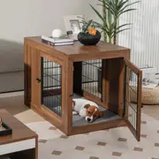 Costway Wood Dog House Side End Table Lockable Pet Kennel Puppy Crate w/Cushion & Steel Wire Mesh