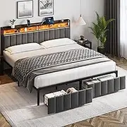 King Size Bed Frame with 2 Storage Drawers, Upholstered King Bed Frame with LED Lights Headboard and Charging Station, No Box Spring Needed, Easy to Assembly-Dark Grey