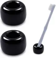 Mini Ceramics Handmade Couple Toothbrush Holder Stand For Bathroom Vanity Countertops, Black, Pack Of 2