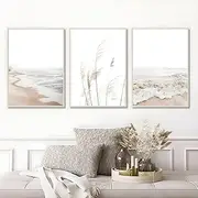 Beach Boho Prints Coastal Canvas Poster, Beach Pictures wall art Pampas Grass Ocean Poster Plant Landscape Beach Scene Artwork for Living Room Bedroom Decor, UNFRAMED Set of 3 (50x70cm)