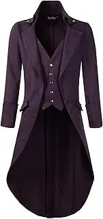 [DarcChic] Mens Gothic Tailcoat Jacket Black Steampunk VTG Victorian High Collar Coat, Purple Long, XX-Large