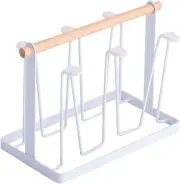 Cup Drying Rack Stand with 6 Silicone Protective Hooks, Wooden Handle Metal Cup