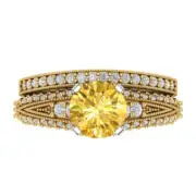 2.1 Round Cut Pave Natural Citrine Promise Bridal Ring Band set 14k 2 Tone Gold