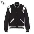 "New Black Wool Letterman Varsity Double White Straps Retro Jacket Full Wool"