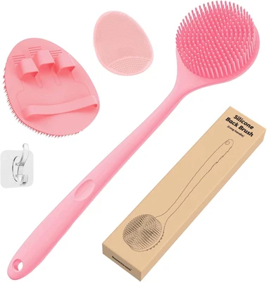 Silicone Back Scrubber (Thin Bristles) & Bath Glove & Face Brush Set(3Pcs), Supe