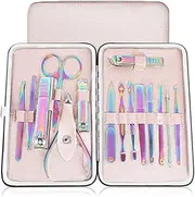 AIPRODA 15pcs Nail Clipper,Rainbow Chameleon Manicure Nail Kits,Stainless Steel Professional Pedicure Set,Nail Scissors,Nail File,Fingernail,Toenail Clippers with Rose Gold Leather Travel Case